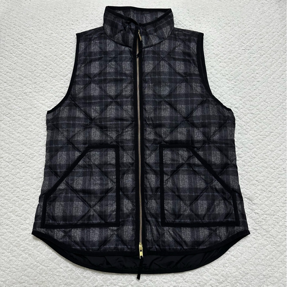 J. Crew Black Gray Plaid Vest Down Filled Medium